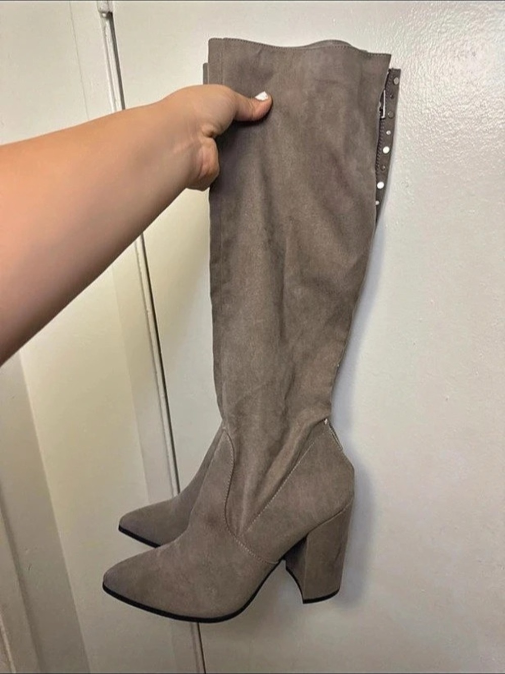 Knee High Block Heel Boots in Gray, New